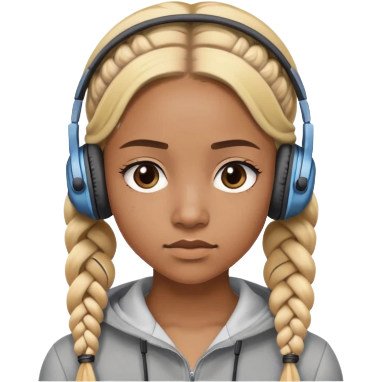 "- Nữ
- 20 tuổi
- Da nâu
- Tóc tết 2 bím, tóc vàng
- Đeo tai nghe
- Mặt nghiêm túc
" emoji
