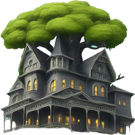 Fantastic haunted Addams tree hotel overgrown on a hill  emoji