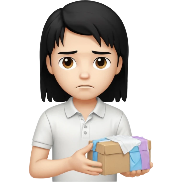 generate a pretty bratz boy with long black hair, wearing a white polo shirt. Looking sad, holding a box of tissues in right hand emoji