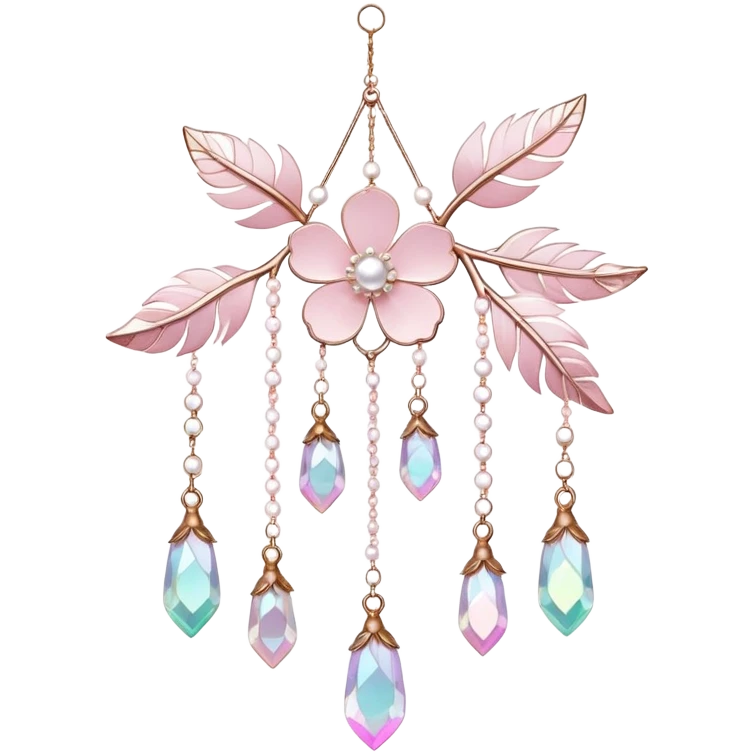 Hanging Iridescent pastel pink sakura crystals white-pearly suncatcher with bells and feathers emoji
