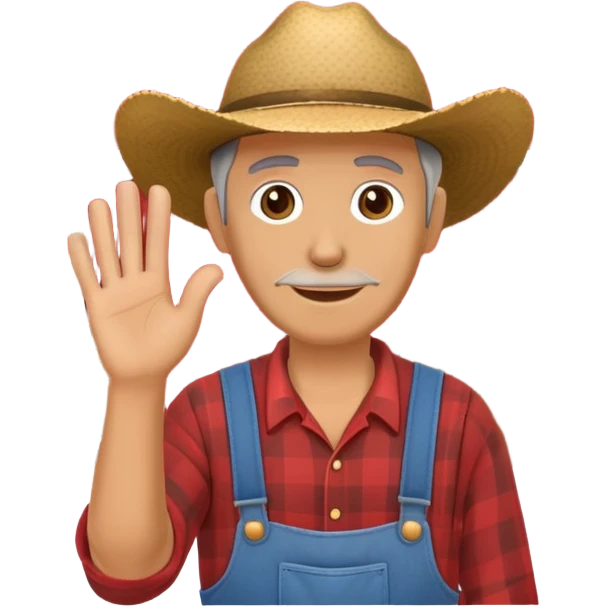 a farmer waving in front of a red barn emoji