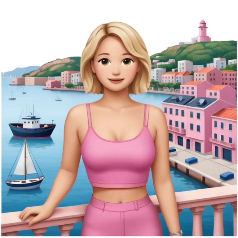 jennifer lawrence, pink crop top leaning on a balcony with a harbor and cityscape in the background, smiling emoji