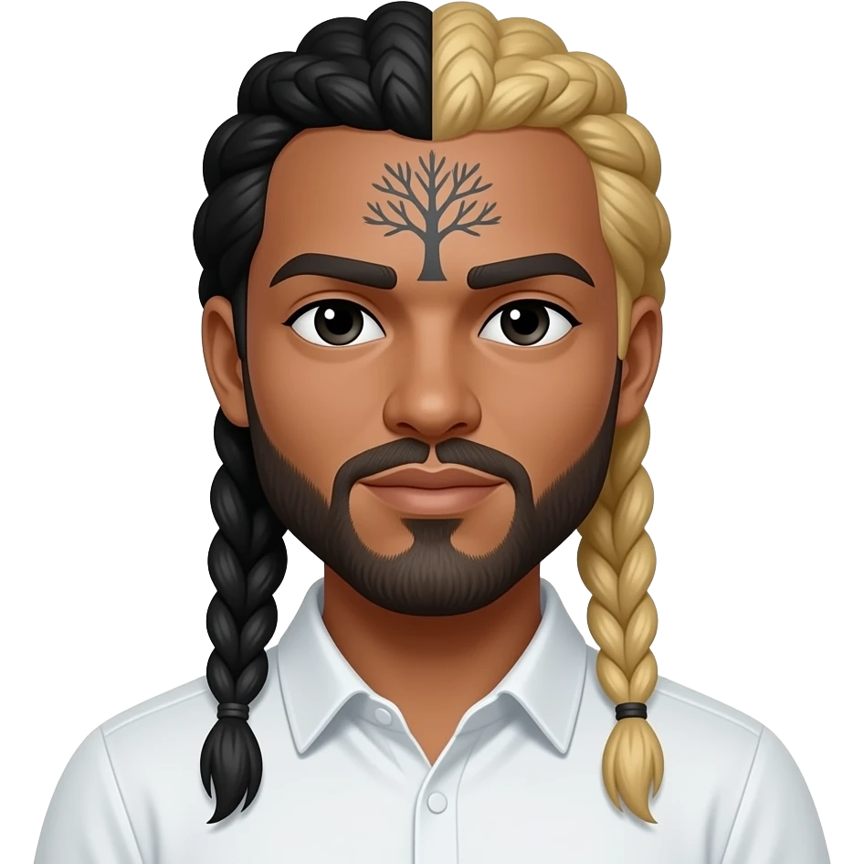 No mushtash half black and blonde braids tree tattoo on forehead light brown skin color black eyes white shirt emoji