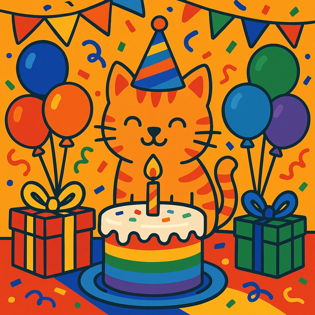 birthday party scene with rainbow balloons, multicolored decorations, confetti, large rainbow birthday cake, gifts, festive atmosphere, featuring a ginger tabby kitten wearing a birthday hat as the main character emoji