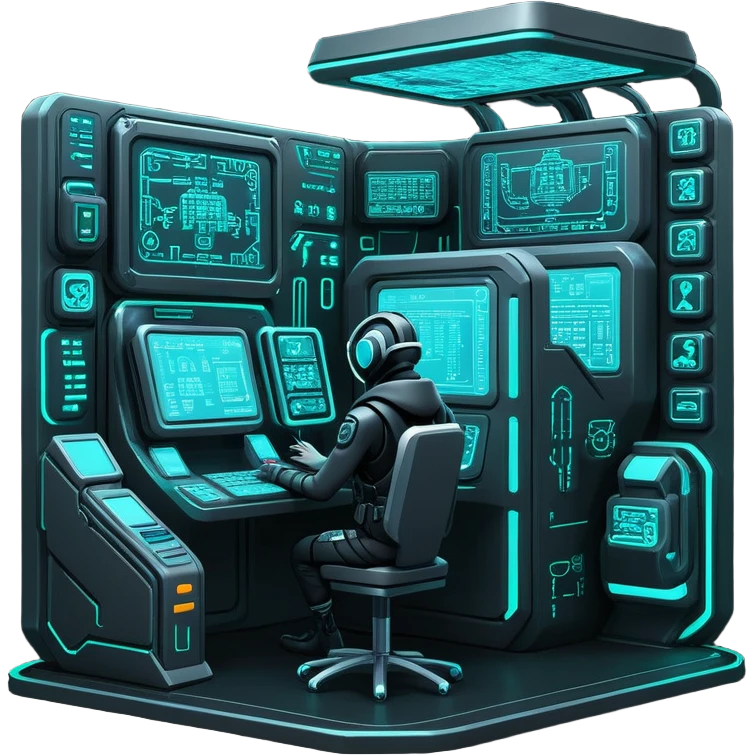 monochrome cyberpunk hacker terminal command center emoji
