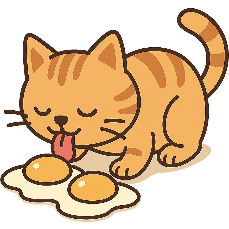 flat cartoon style cat licking eggs emoji