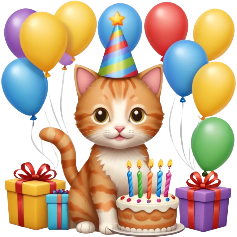Ginger tabby kitten celebrates birthday, birthday hat, birthday cake, balloons, happy, gifts emoji