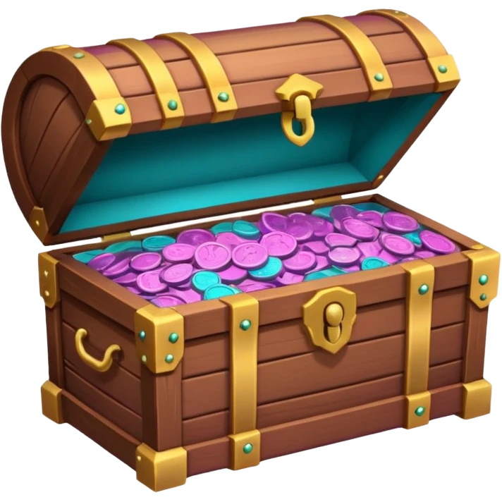 wooden brown treasure chest filled with  coins 
Change coins color in in gradient of turquoise, blue, pink, purple, and coral emoji