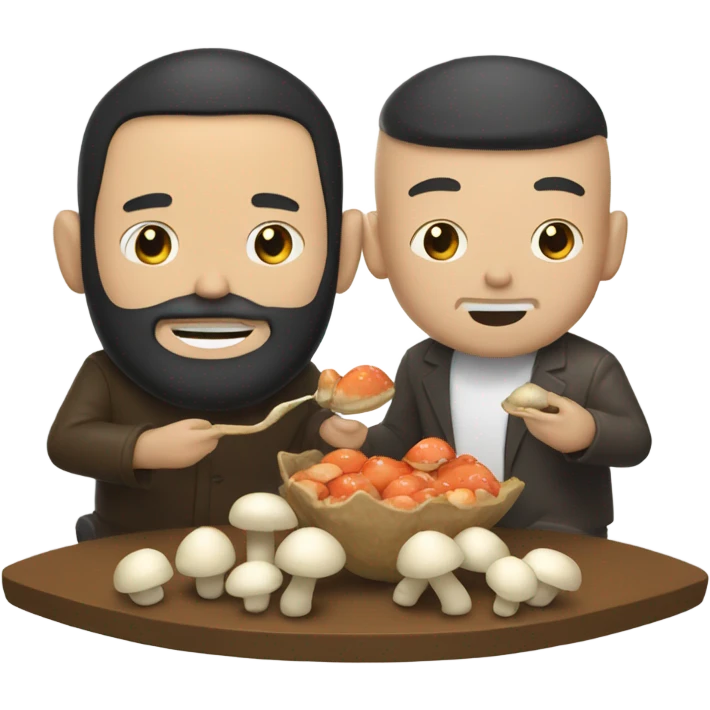 Bald bearded white man and wavy black haired Asian man eating mushrooms emoji