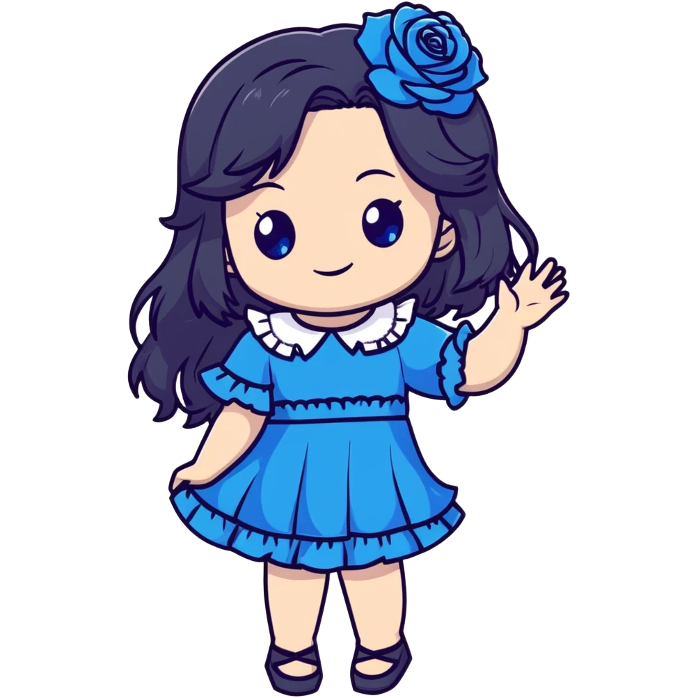 cute chibi girl with long dark hair, blue rose in hair, bright blue eyes, black frilly dress, smiling and waving emoji