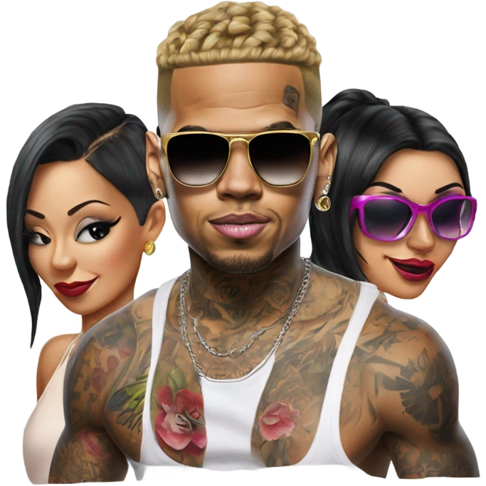 Hyper Realistic Chris Brown  wearing sunglasses with 2 female tattooed dancers emoji