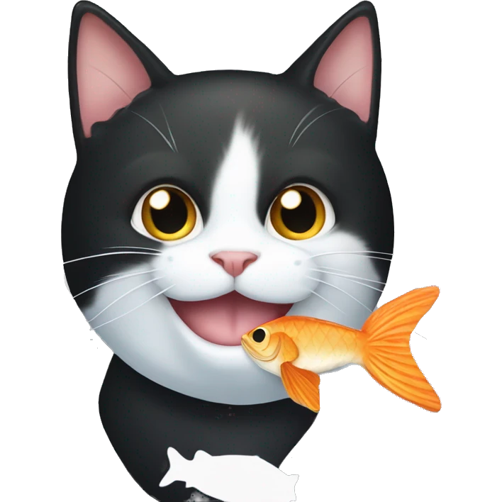 tuxedo cat with fish in his mouth smiling emoji