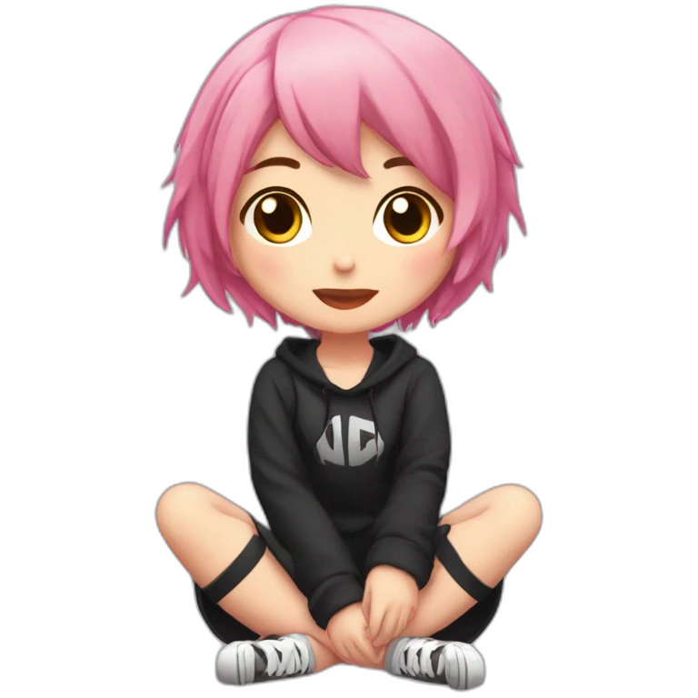 Full body Front view curvy emo girl pink hair sits on the floor straight view hands up black skirt белые трусики полосатые рваные чулки emoji