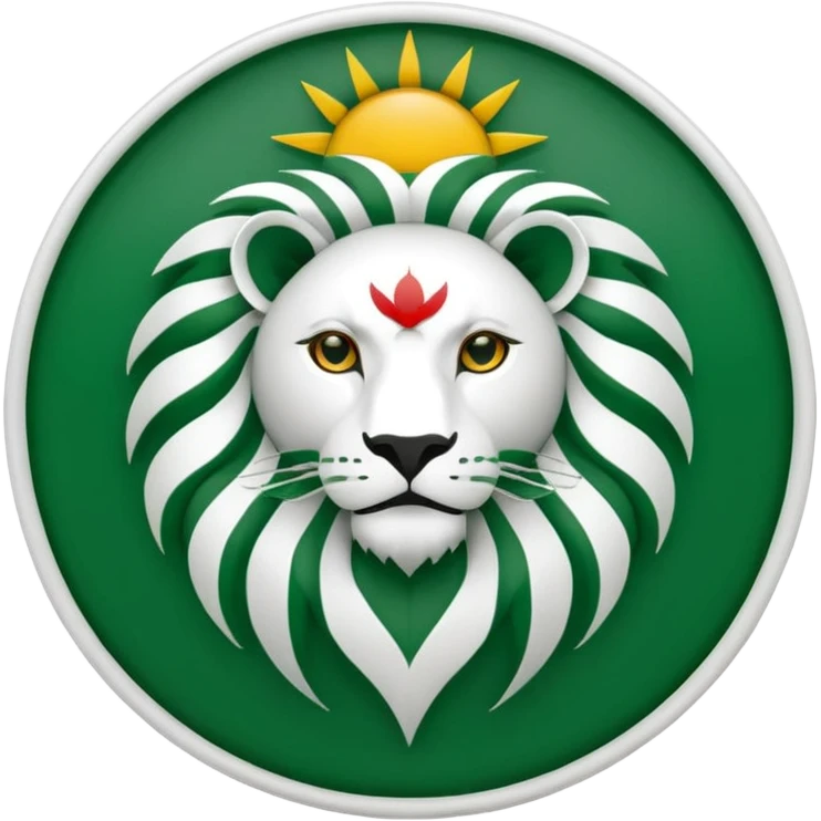 Minimalist black and white emblem emoji, inspired by the Faravahar symbol. Centered Lion and Sun emblem of Iran colored in green, white, and red like the Iranian flag. Circular design, clean simple lines, suitable for small size emoji