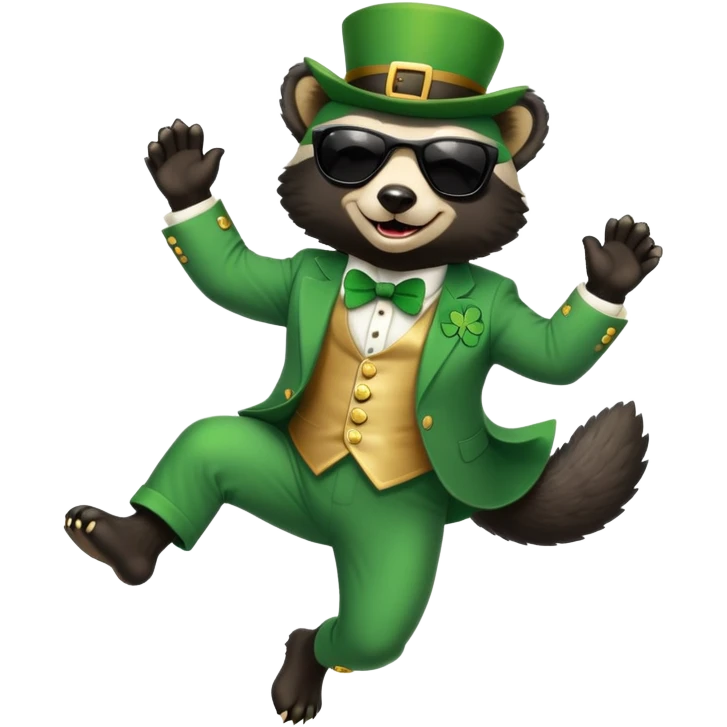 friendly anthropomorphised honey badger in a classic leprechaun suit with shamrock accessories, wearing sunglasses, jumping, St. Patrick's Day, no beer emoji
