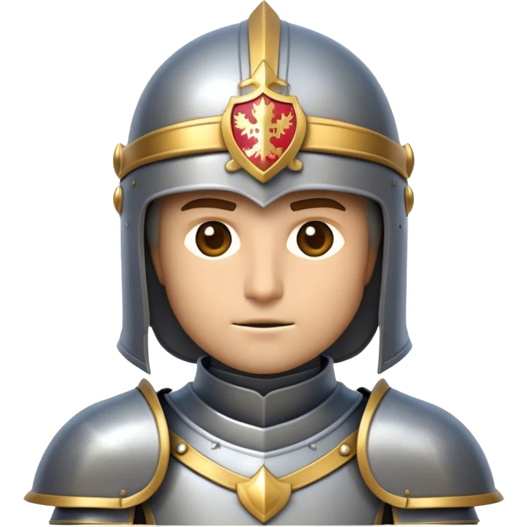 Clash of Clans aesthetic friendly Knight Portrait Emoji, With a noble, armored build featuring a gleaming suit adorned with intricate heraldry and a determined gaze behind a visored helm, his face rendered in a natural skin tone (not yellow), Simplified yet dynamic features, highly detailed, glowing with a cool, steely radiance, high shine, courageous and resolute, stylized with an air of chivalric valor, focused and stalwart, soft glowing outline, capturing the essence of a valiant knight ready to charge into epic quests with honor! emoji