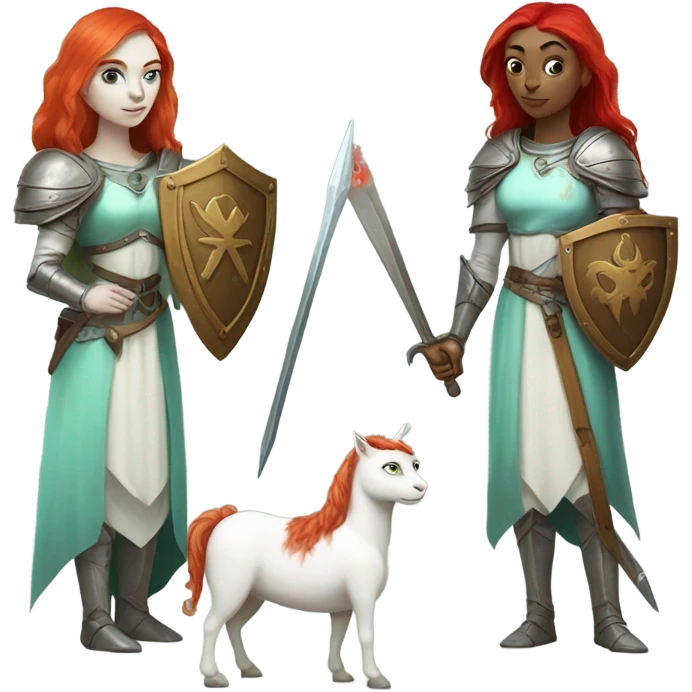 medieval shield: [politically incorrect, (
	{ female, alien, color: light green, hair:red, eyes:cat} ]
	on a 
	[{ unicorn: white, legged:four, mane: light blue }]) emoji