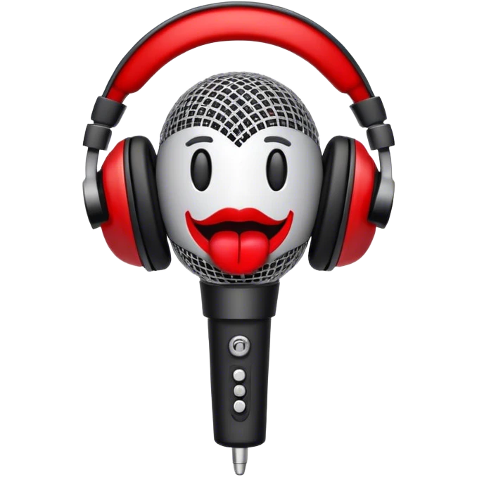 Create a dynamic and energetic emoji that represents beatboxing. The design should feature a stylized microphone with lips and sound waves emanating from it, symbolizing vocal percussion and rhythm. Add elements like headphones or a subtle speaker to emphasize the music production aspect. Use bold colors like black, white, and red to convey the intensity and creativity of beatboxing. The background should be transparent. emoji