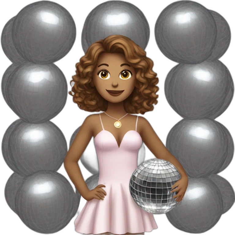 female with brown wavy hair dressed in a party dress and disco ball emoji