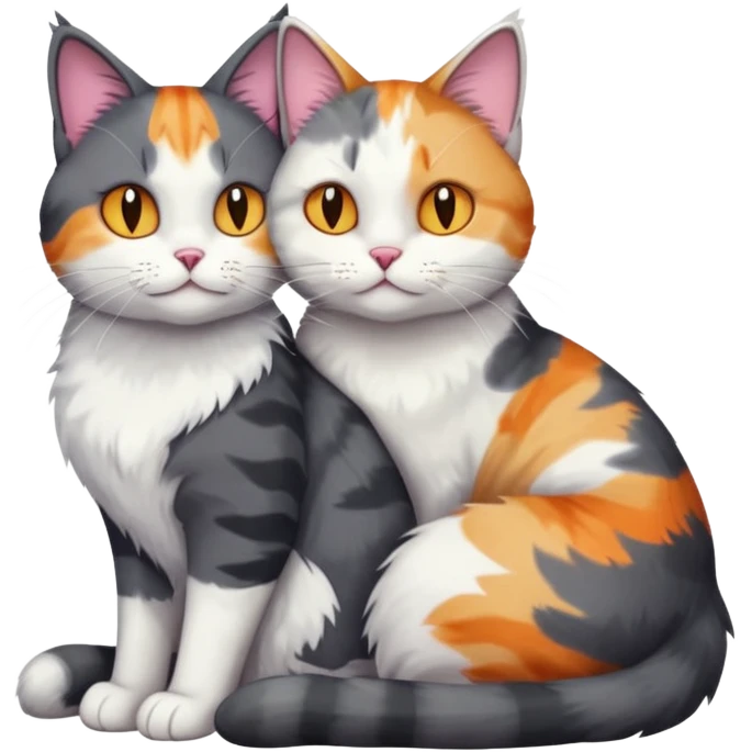 full body large dark grey and white cat cuddling a colourful light patched calico + white tabby cat  emoji