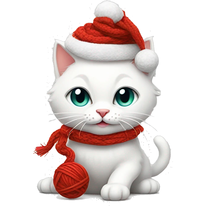 white cat wearing a christmas hat playing with a ball of red yarn emoji