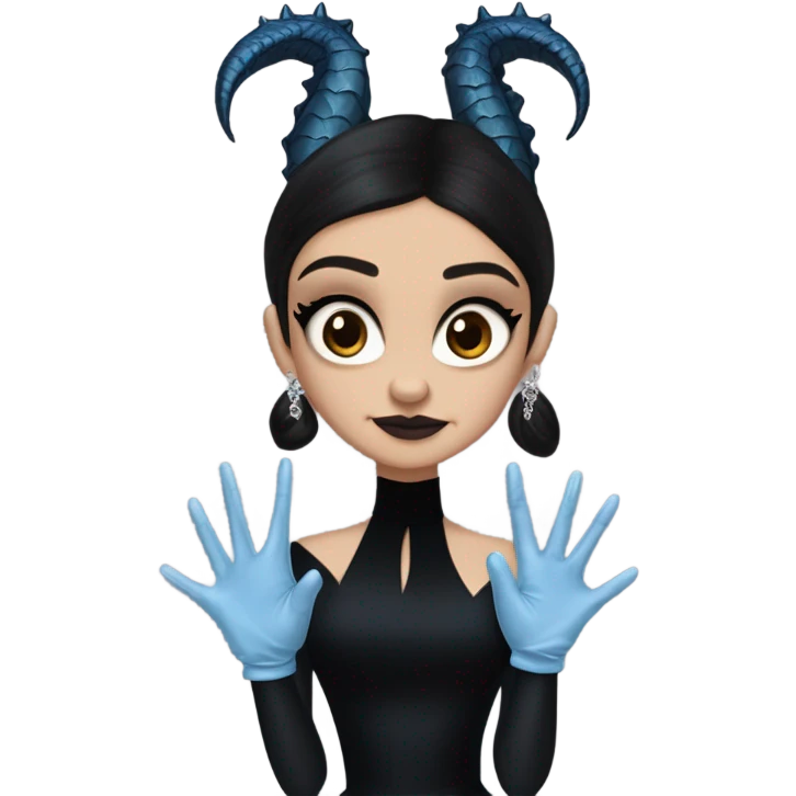 low cut back silk black evening gown with see-through gloves, Jenna Ortega as Addams woman prom queen wearing a mini tiara, very large blood blue evil-looking horned old dragon companion emoji