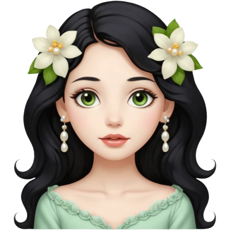 A soft and elegant girl with long wavy black hair, hazel-green almond eyes, full lips, and porcelain skin. She wears light makeup, pearl earrings, and sometimes a flower in her hair. Her style is feminine, dreamy, and cozy. emoji