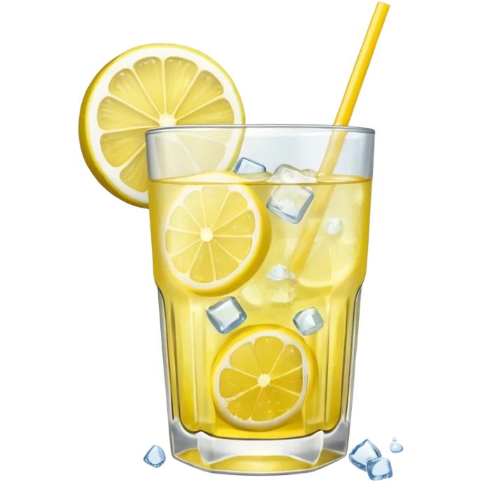 a glass of lemonade, clear glass, yellow drink, ice cubes, lemon slice emoji