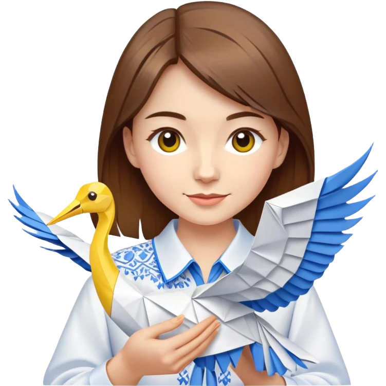 A happy Ukrainian young girl with brown hair in a white embroidered shirt makes an origami of a yellow and blue crane emoji