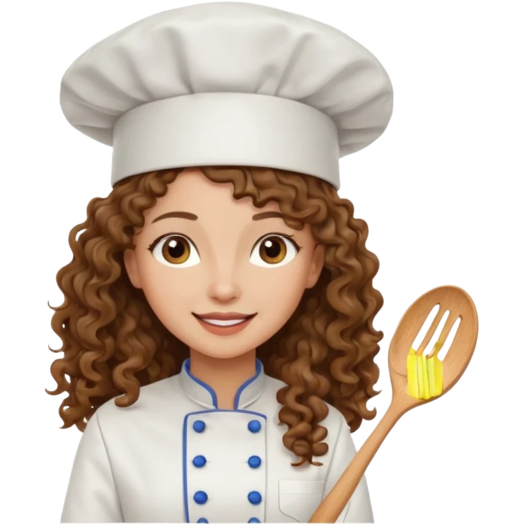 Long curly hair, happy, wearing chef uniform and chef hat emoji