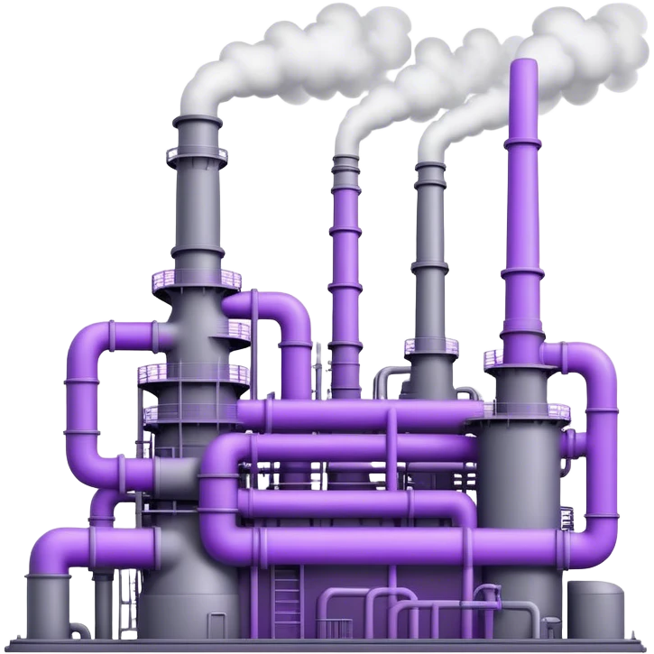 An emoji of an industrial factory in realistic gray tones, with pipes and smokestacks. Instead of smoke, soft neon violet energy or light particles flow out, symbolizing AI power and efficiency emoji