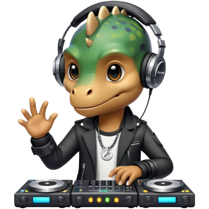 Dinosaurio muy tierno músico DJ con ropa negra futurista con nombre verexxo  emoji