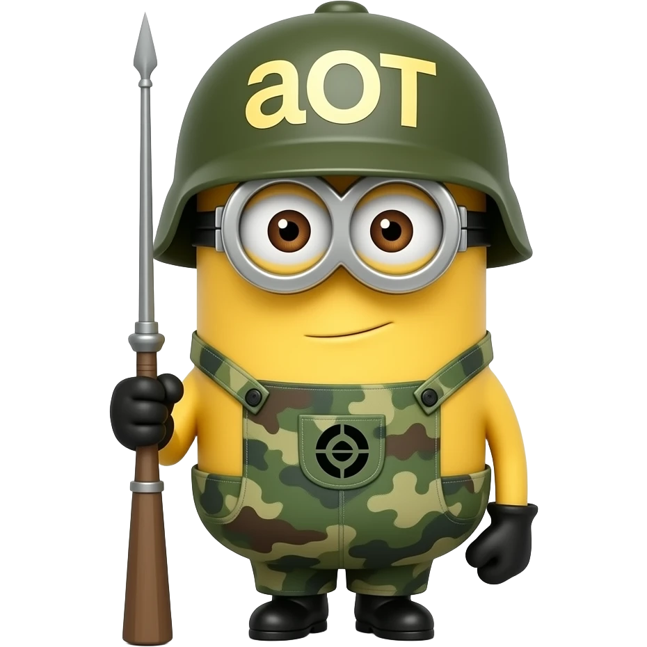 Minion in army uniform at attention on guard duty text on helmet aOT emoji