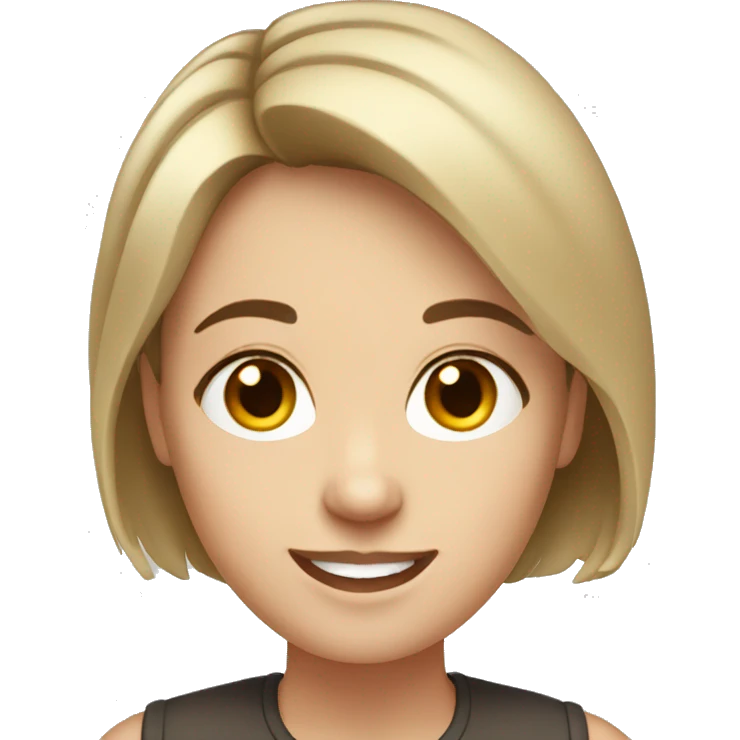 White woman with short brown hair and dark eyes. She's smiling and has a round face emoji