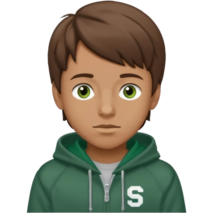 a boy with brown hair and blue eyes in a grey hoodie with forest green varsity letters that says "STURNIOLO" emoji