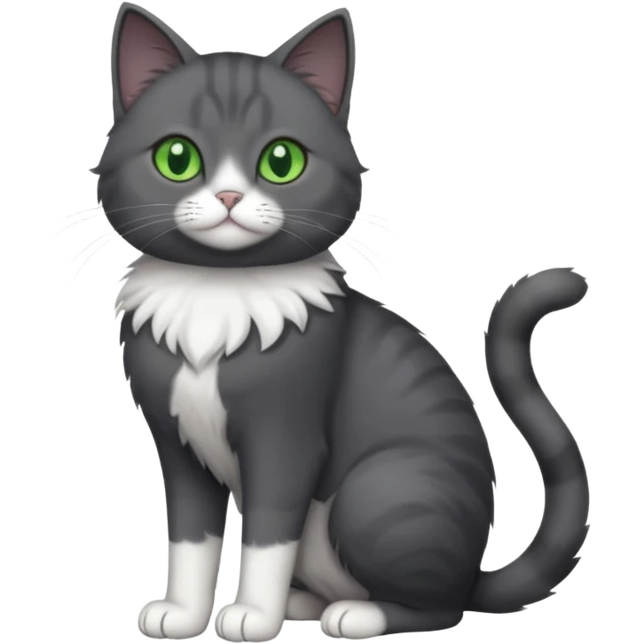 full body view of beautiful female solid dark grey cat with green eyes, white toes/paws and white patch on her chest emoji