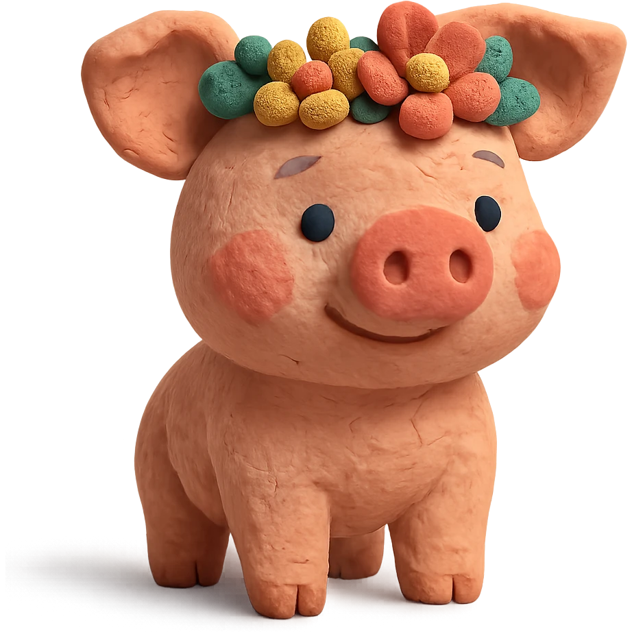 playful and cute piglet with a flower crown, textured look, claymation style emoji
