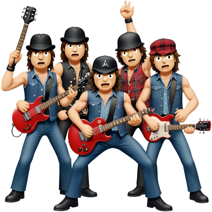 Cinematic Realistic AC/DC Band Emoji, depicted as a high-energy rock ensemble with electrifying stage presence and gritty textures, rendered with bold vibrant lighting that captures the raw power and rebellious spirit of their music. emoji
