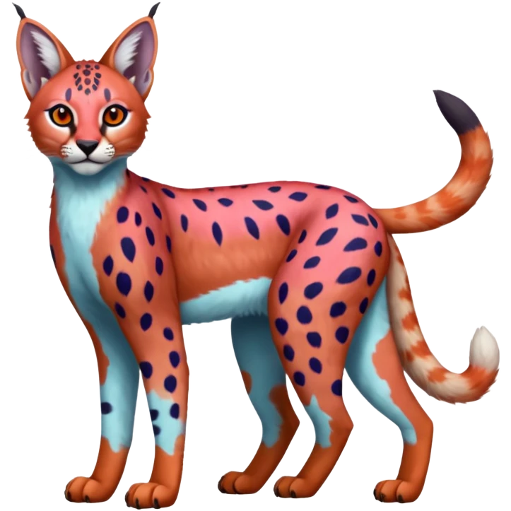 Colorful bluish cute adorable tropical exotic fruity rosy neon-red Caracal-Cheetah-Serval-Snow-Leopard-Trico-Sergal-Vernid-fusion-hybrid-animal-creature, full body, with tribal markings emoji