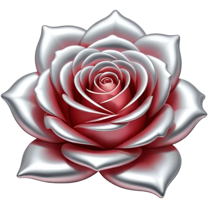 A rose emoji made of liquid silver metal, smooth metallic petals, reflective chrome surface, soft gradients, elegant shape, minimalistic iOS emoji style, centered, clean white background, realistic highlights, no text emoji