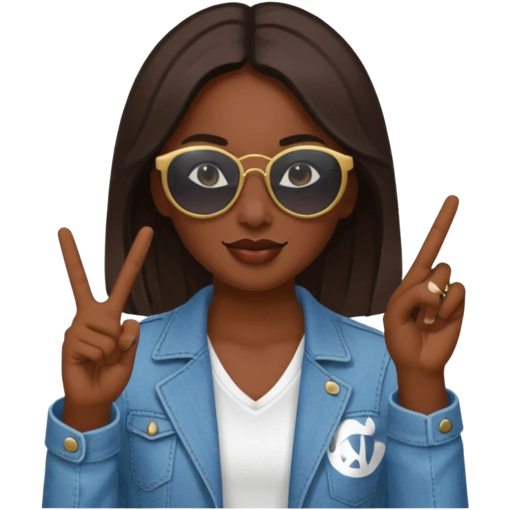 A girl with dark skin sunnies and doing a peace sign emoji