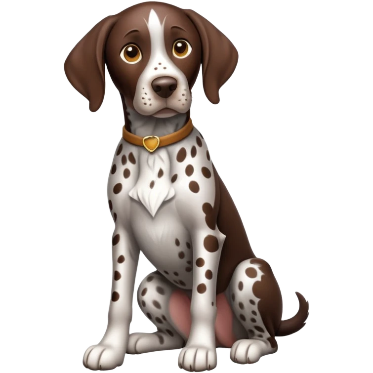 cinematic-[german pointer]-realistic-full-body-sitting-emoji,-tail-resting-loosely-beside-its-paws,-head-tilted-dramatically,-sleek-[brown and white spotten]-fur,-simplified-yet-realistic-focused-features,-highly-detailed,-glowing-with-an-almost-sarcastic-glow emoji