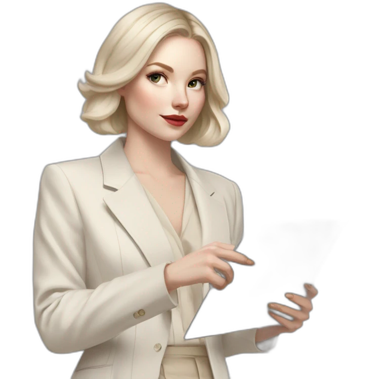pale skin woman with ash blonde Straightened bob Hair, White Spacious classical jacket, beige palazzo Arrow pants and gray blouse holding RAL colour palette in the hands emoji