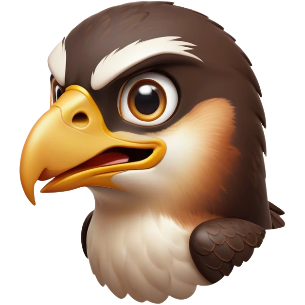 Cinematic Comical Falcon Portrait Emoji, Head tilted dramatically with an exaggeratedly shocked expression, featuring a sharply defined beak and wide, comically expressive eyes full of playful disbelief, Simplified yet hilariously expressive features, highly detailed, glowing with a slightly sassy glow, high shine, dramatic yet playful, stylized with an air of cheeky aerial mischief, soft glowing outline, capturing the essence of a meme-worthy falcon that looks ready to side-eye its way into viral fame! emoji