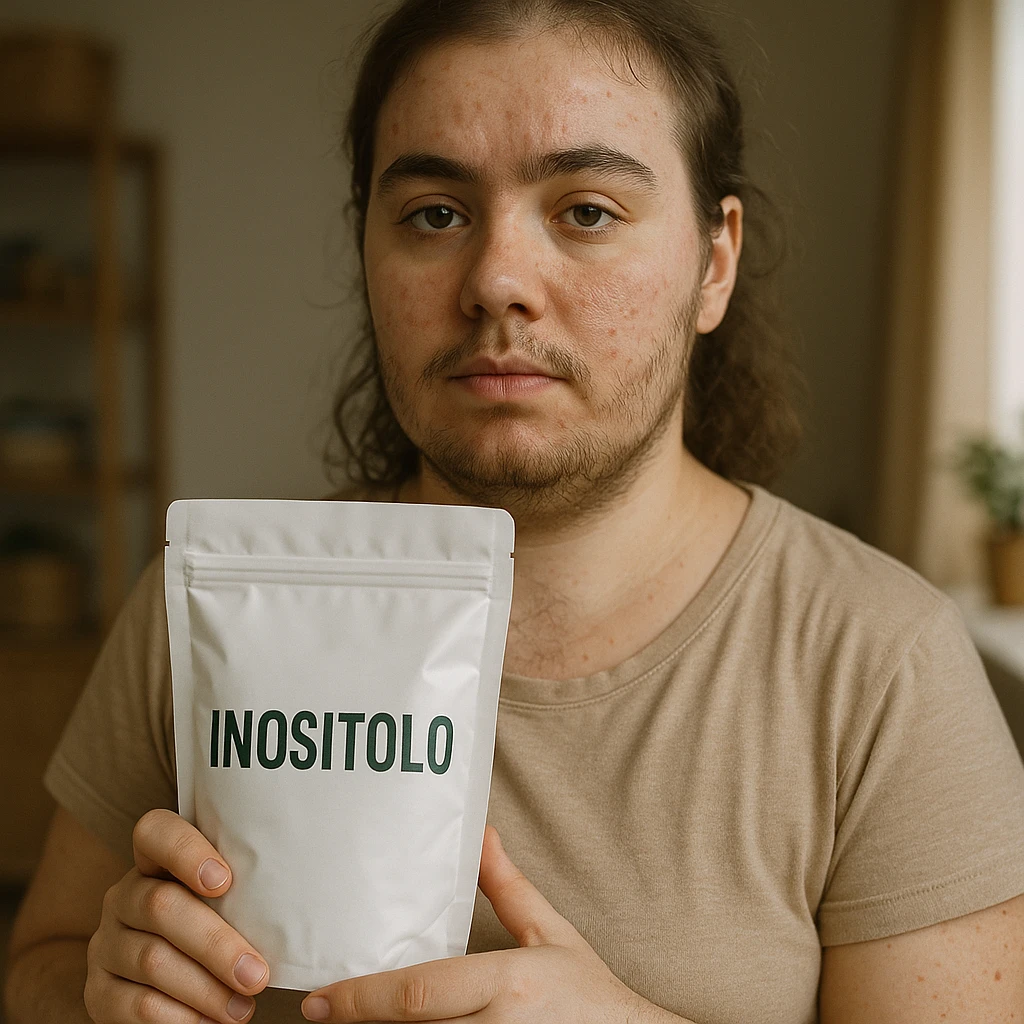 Hyperrealistic photograph of a woman with PCOS holding a package with the label 'Inositolo' clearly visible and readable. She has acne and facial hair, thin hair, and a serene expression. The setting is a domestic environment with natural light. emoji