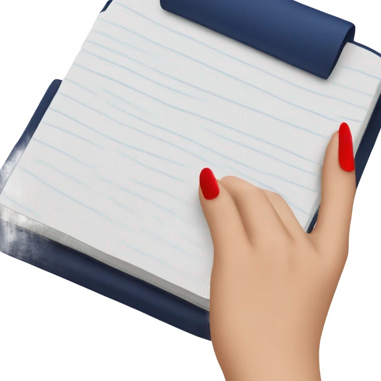 a female hand with a red manicure holds a dark blue notepad emoji