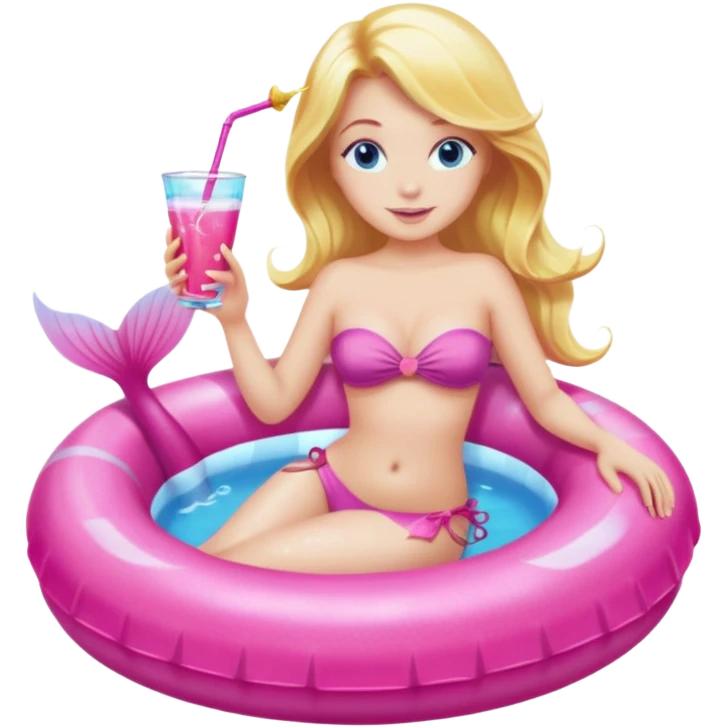 a mermaid with blonde hair and blue eyes sitting in a pink pool tube in a blue pool sipping a drink wearing a pink bikini top and a pink mermaid tail  emoji