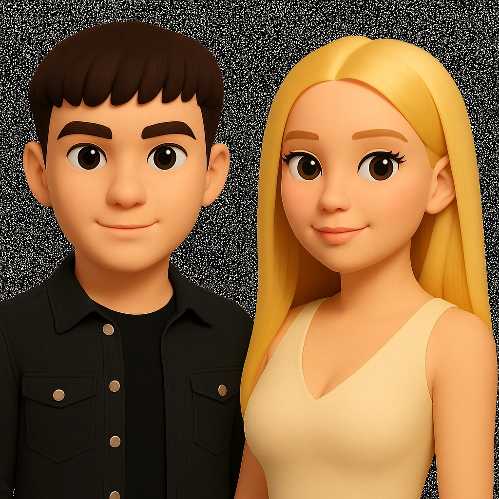 Slightly increase the volume of the upper body of the girl, separate the girl and the boy from each other, and make the skin color the same for both. Maintain the cartoonish 3D style in the edits. emoji