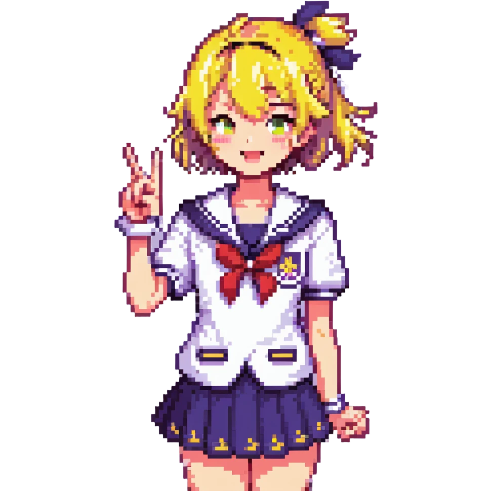 Pixel art anime girl with short bright yellow hair wearing Japanese sailor style school uniform, making victory peace signs with both hands, winking happily with excited expression emoji