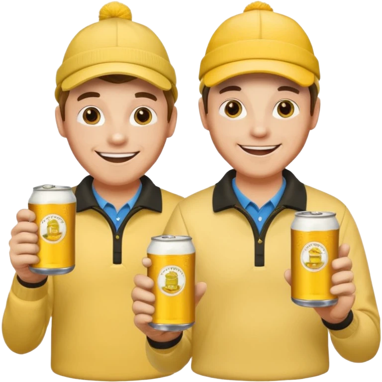16 men on a golf trip wearing yellow golf caps all holding a beer can with a Xmas style label. Has to be 16 of them. emoji